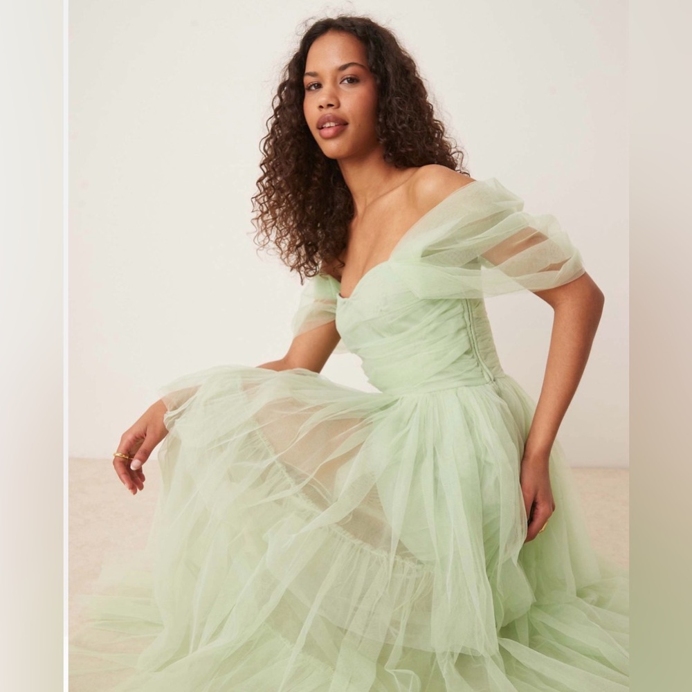 NWT Lace & Beads off shoulder high low tulle maxi dress in sage US 4 / UK 8